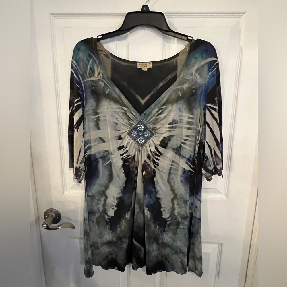 ONE WORLD live and let live Black and Gray Asymmetrical Tunic XL